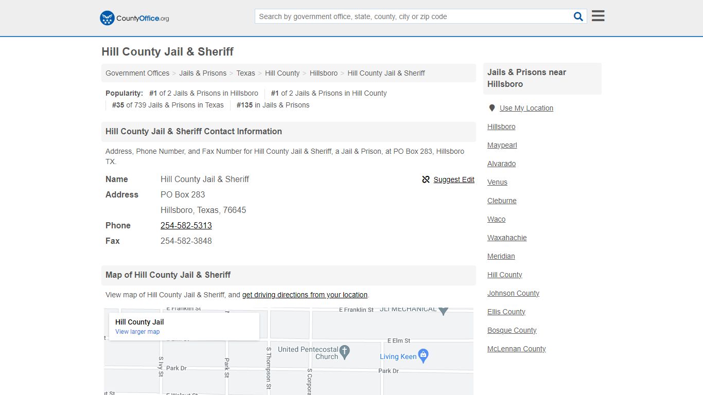 Hill County Jail & Sheriff - Hillsboro, TX (Address, Phone, and Fax)